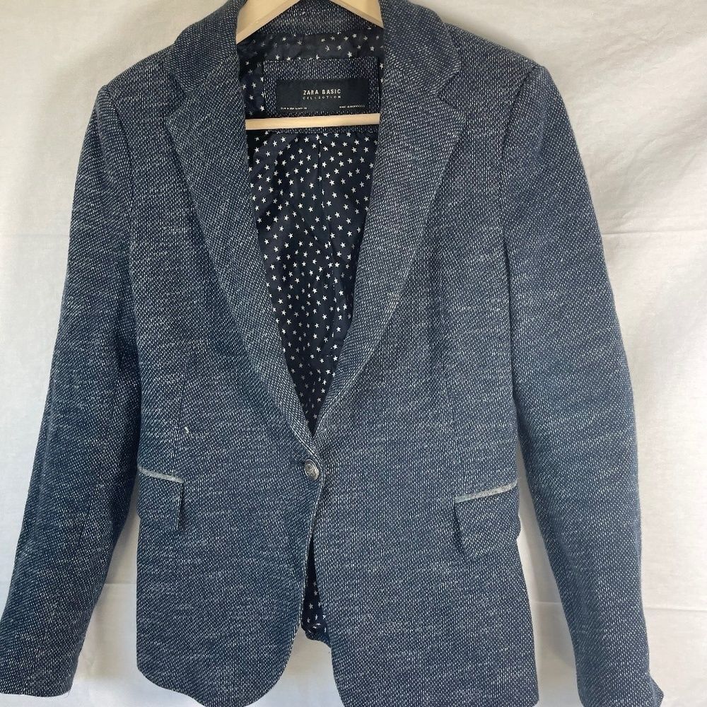 Zara Basic Blue Herringbone Lined Blazer With Elb… - image 2